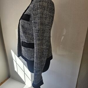 Women Michael Kors Navy Tweed Collarless Open Front Blazer Sz 4 Preppy Old Money